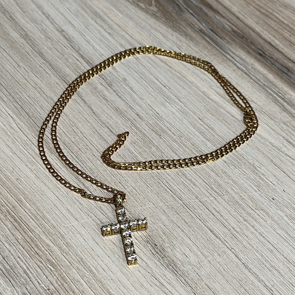 A3 - Cubic Zirconia Cross Pendant Necklace with Gold Chain